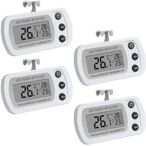 XEERUN Fridge Thermometer Digital, 4Pcs Refrigerator Thermometer, Fridge Thermometer UK, Min/Max °C/°F Function, With Large LCD Display and Hook, For Fridge Freezer Refrigerator Aquarium