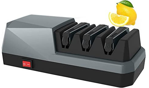 ANNJUC Afilador de Cuchillos EléCtrico - Afilador de Cuchillos, Afilador de Cuchillos EléCtrico de 3 Etapas, 3 Etapas, Enchufe Gris de la UE