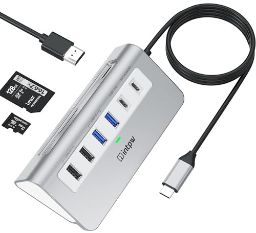 Intpw P9 USB C Hub, 9-in-1 USB Hub 3.0 mit 1M Kabel, 4K HDMI, 2 USB-A 3.0, PD 100 W, 2 USB-A 2.0, USB-C 3.0, SD/TF, Aluminium Docking Station für iPhone 17/16/MacBook Air/Pro/Laptop/Mac OS/Windows