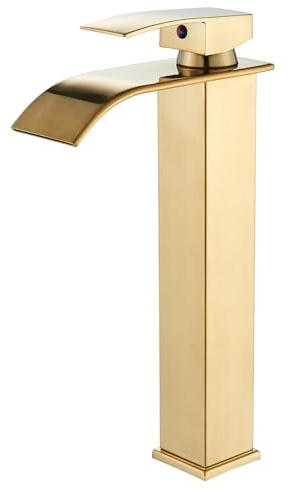 JUNSHENG Grifo de baño, grifo del lavabo del baño de una manija, mezclador de agua caliente y fría en cascada, (oro cepillado)