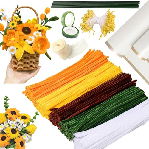 wozloify Piprensare pysselset 300 stycken pastell – blommor, pyssel med blomtråd, crepeband, blompapper – komplett set för gör-det-själv blombuketter, piprensare, blommor, presentband