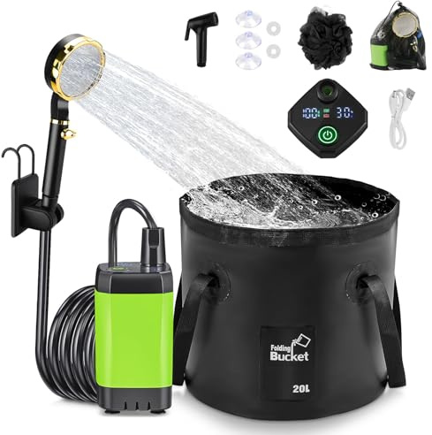 Anesty Kit de douche de camping portable, pompe de douche portable rechargeable 6000 mAh avec écran intelligent, seau pliable de 20 l et accessoires pour randonnée, voyage, voiture, animal domestique