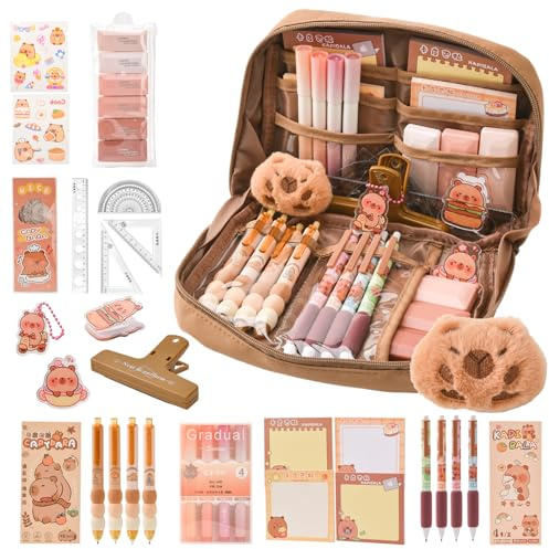 LTFIOON Capybara - Kit Scuola Capibara – Set Regalo Carino per Bambini & Studenti, Include Penne, Clip, Righelli – Organizzato per Scuola, Ufficio, Arte