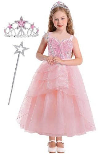 Marendyee Princess Dress up World Book Day Costumes for Girls Pink Witch Dressing up Kids Witches Outfits with Princess Crown Scepter Set Sequin Dress Fancy Party Cosplay Outfit 7-8 Years