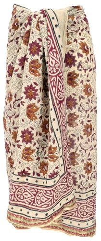 Lätt pareo halsduk, handtryckt bomullstyg, lungi, senap/beige, beige/röd, one size | 100 % bomull, traditionellt blocktryck, mångsidigt användbart, lätt att rengöra, dekorativt och unikt