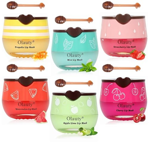 TITIMORE 6Pcs Bee Lip Balm Honey Pot,Bee Lip Mask Honey Lip Balm,Propolis Moisturizing Cherry Lip Sleeping Mask Reduces Lip Lines,Hydrating Prevention Dry Cracked Lip