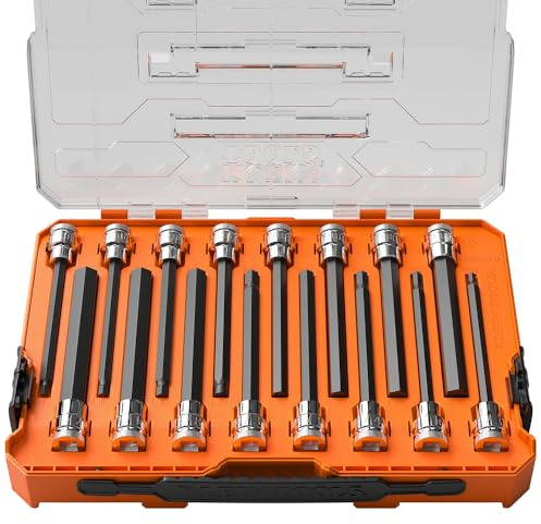 Klein Tools 652216HEXL Long Hex Bit Socket Set, 16-Piece, SAE and Metric Socket Set, Long Hex Bits, MODbox Case