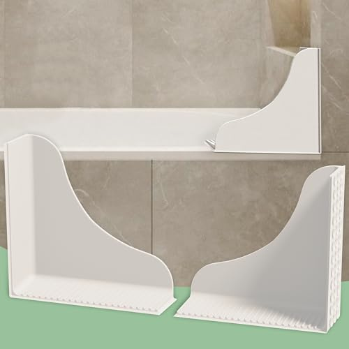 No-Adhesive 2-Pack All-Silicone Shower Splash Guard with Strong Suction Cups, Reusable Bath Tub Corner Water Blocker for Secure Seal&Easy Removal，Keep Water in Shower or Bath, One-Piece Design, White