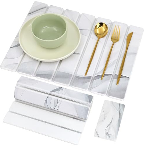 Tappetino Scolapiatti Diatomite 40 x 30 cm, Tappetino Scolapiatti Assorbente Cucina, Assorbente e Asciugatura Rapida (Motivo Ondulato, con Porta Saponetta)