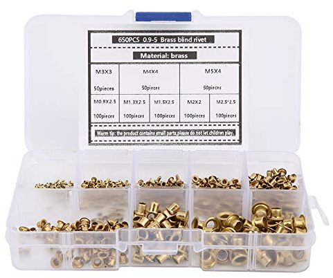 DUIMIMI Kit di Rivetti Ottone a Occhio (650 Pezzi), 8 Specifiche Classificate, Rivetti Cavi per Bottoni Metallici, Adatti per Abbigliamento, Scarpe, Zaini e Artigianato
