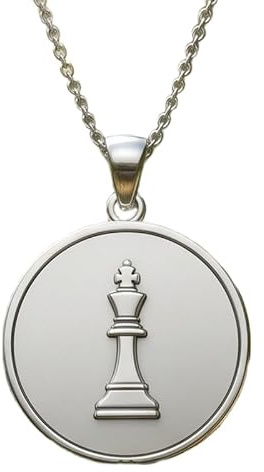 Collar con colgante de pieza de ajedrez de rey en relieve, hecho de plata de ley 925 con baño de plata, cadena de cable de 45 cm (18), dije redondo para joyería unisex | WW_EMBO_00893