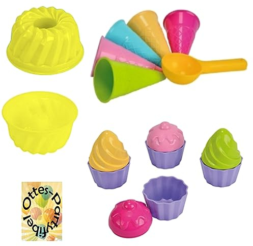 HHO Sandspielzeug: 1 Kuchen-Sandform + 5 Eistüten + 1 Portionierer + 8tlg. Cup Cake Sandförmchen Sandkasten Kindergarten