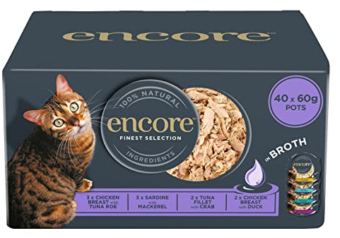Encore 100% Natural Wet Cat Food Pot, Multipack Fish and Chicken Selection in Broth 60g Pot (Pack of 40)