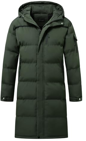 Allthemen Dunrock för män, vinter, lång quiltad kappa med huva, varm, #866 grön, S