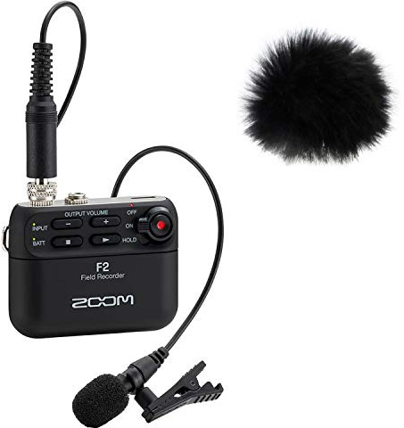 Zoom F2 Field-Recorder mit Lavaliermikrofon + keepdrum WS05 Fell-Windschutz