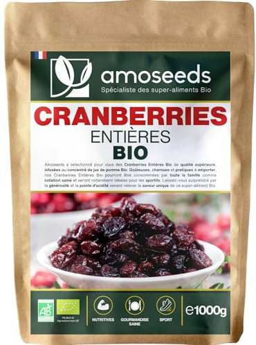 Cranberries Entières Bio 1KG | Sans sucre ajouté, naturellement sucrées au jus de pomme | Qualité Supérieure