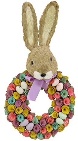 National Tree Company 24 inch Artificial Easter Wreath Decorated with Colorful Wood Curl Flower Blooms, Pastel Eggs, Ribbon, Bunny Head, Indoor or Covered Outoor Easter Decoration