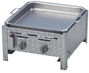 BSR-Grillen Profi Gasgrill 2-flammig mit Edelstahl-Pfanne hoher Rand I Edelstahl Gastrogrill I Gasbräter I Gastrobräter I Piezo-Zünder 2 Gasbrenner stufenlos regelbar Gasschlauch Druckminderer
