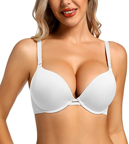 Rasback Women's Push Up Bra Add 2 Cup Sizes Super Deep V Plunge Padded Bra Comfort Support Underwire Back Smoothing Bras, White, 40A
