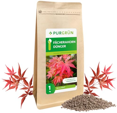 Purgrün® Fächerahorn-Dünger 1 kg – Organisch-mineralische Rezeptur – Feinkörniges Krümelgranulat – NPK 9+4+8 – Extra Magnesium für leuchtende Blätter – Verbessert die Bodenqualität