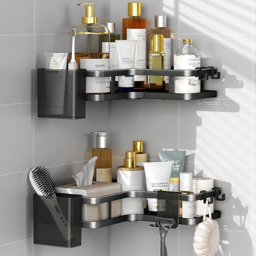 ZVZM Duschablage Ohne Bohren Schwarz Eckregal, 2 Stück Duschregal Schwarz Ecke, Badezimmer Organizer mit 4 Haken, Shower Shelf Dusche Zubehör, Shampoo Halterung für Dusche für Badezimmer.