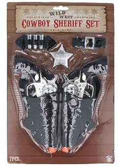 Henbrandt 2 x Cowboy Sheriff Wild West 7-Piece Sets | 7-Piece Cowboy Set, 2 Toy Guns, 2 Holsters, 3 Bullets, Belt and Sheriff Badge, Wild West Fancy Dress, Ages 3+