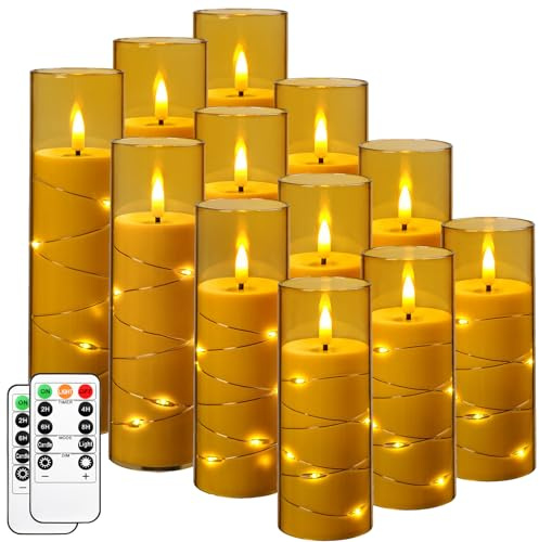 Da by Flickering Flameless Candle with Embedded Star String ，Acrylic LED Pillar Candles with 11-Key Remote Control and Timer，Battery Operated Candles,Golden, Set of 12，D5.5×H14/16/18/20cm
