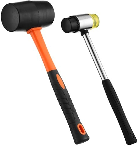 16oz Rubber Mallet Hammer Set with 35mm Double Faced Soft Rubber Mallet with Fiberglass Handle, TPR Grip, Solid Head, 2 Piece Black Set for Camping, Flooring, Woodworking & Tent Stakes