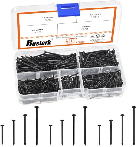 Rustark 500 pezzi di 4 dimensioni nero chiodi hardware kit assortimento chiodi a testa piatta unghie in legno unghie da parete piccole unghie per appendere foto unghie di finitura unghie comuni per