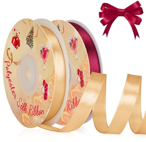 VynyQoo 2 Rolls 10mm Satin Ribbon Wide, Red and Gold Gift Wrap Ribbon, 22M Single Sided Ribbons for Gift Wrapping, Gift Wrapping Ribbon for Crafting, Wedding Party,Cake Wrapping Decorations