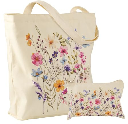 BROADREAM Jutebeutel Bedruckt Vintage, Jute Beutel, Einkaufstasche Tote Bag, Canvas Tote Bag and Cosmetic Bag Aesthetic Vintage Taschen Groß Umhängetasche Stofftaschen für Damen Uni Arbeit(Flower)