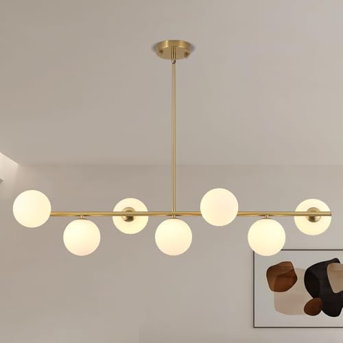 ZenithBeam lampara araña moderna dorada,Pantalla redonda de cristal blanco 7×G9 lamparas colgantes cocina,chandelier regulable en altura,para salón isla de cocina Habitación oficina lamparas colgante