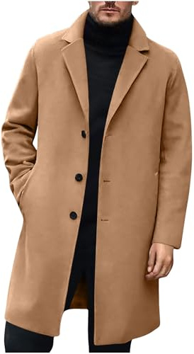 Générique Manteau Homme en Laine Automne-Hiver Trench Coat Longue Simple Boutonnage Veste Col à Revers Manteaux Décontractée Blouson Business Vetements Regular Fit Coupe Vent Kaki XL