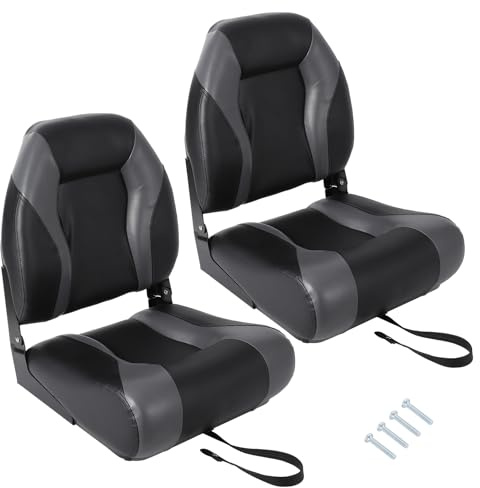 Garvee Sièges pliants bateau (lot de 2) – Dossier haut ergonomique, coussin épais, structure plastique moulée, imperméable, montage facile – Parfaits pêche, ponton, bateaux rapides – Noir & gris