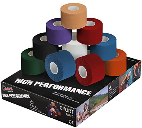 ALPIDEX 12 Rollen Sport Tape Set 3,8 cm x 10 m Gelenk Tapeverband Viele Farben Reißbares Unelastisches Sporttape Hautfreundlich Handball Fußball Volleyball, Farbe:bunt