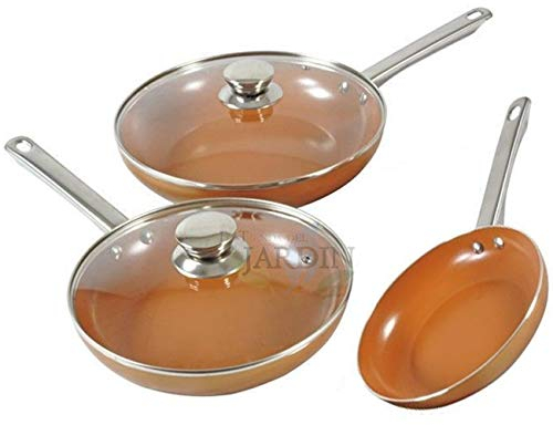 Suinga Lot de 3 poêles en cuivre Ø20 cm, Ø24 cm et Ø28 cm et 2 couvercles en verre : Ø24 cm et Ø28 cm.