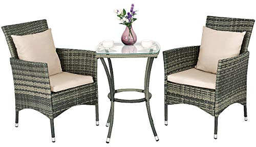 COSTWAY 3 Pezzi Set Mobili da Esterno, Set da Giardino con Cuscini, 2 Sedie e Tavolino con Piano in Vetro, in Rattan PE, Ideale per Balcone, Cortile e Piscina (Bianco)