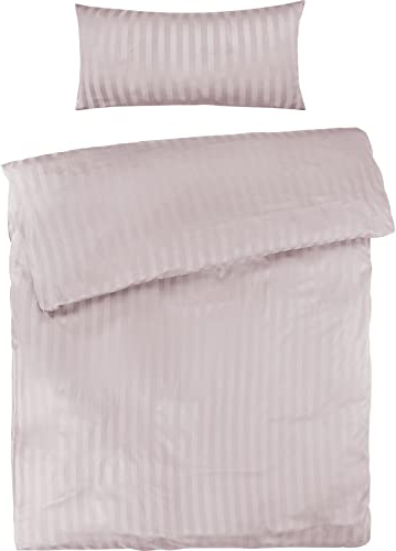 Pure Label Mako Satin Damast Streifen Bettwäsche rosa 135 x 200 cm mit Kissenbezug 40 x 80 cm aus 100% Baumwolle | Traumhaft weiches Mako Satin Bettwäsche Set in Uni