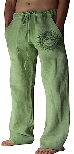 Puimentiua Leinenhose Herren,Lang Leichte Sommerhose,Loose Fit Freizeithose,Baumwollehosen mit Tunnelzug und Taschen (Grün,L)