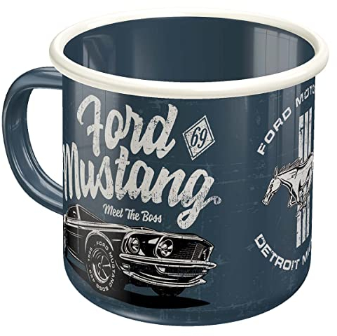 Nostalgic-Art Retro Emaille-Tasse, 360 ml, Ford Mustang – The Boss – Geschenk-Idee für Ford-Zubehör Fans, Original Lizenzprodukt (OLP), Camping-Becher, Vintage Design