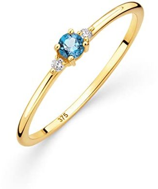 Orovi Anillo de oro con zafiro, amatista, rubí, esmeralda, topacio y 2 diamantes de 0,03 ct, trilogía, anillo de compromiso, anillo de compromiso, oro amarillo de 9 quilates (375)
