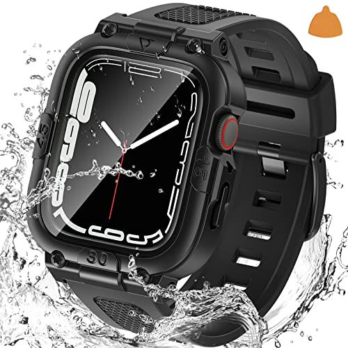 Neitra (3 en 1 Coque étanche à 360 ° pour Apple Watch Series 9 & 8 & 7 Protecteur d’écran avec bracelet 45mm, Bracelet de remplacement de montre de sport Robuste Housses de pare-chocs de protection