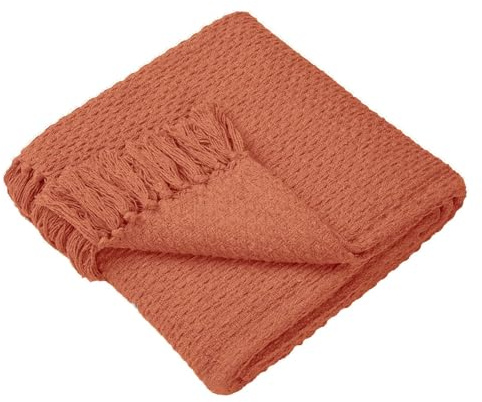 Drift Home - Plaid en Terre Cuite avec Pompon (200 x 200 cm) - Coton Recyclé Durable - Couverture Tissée/Texturée Orange Extra Large