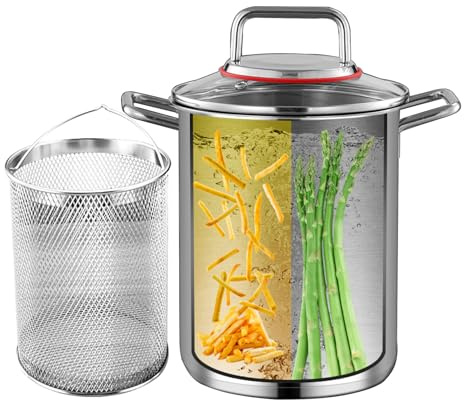 Vegetable Asparagus Pot 3.5L/5.5L Stainless Steel Steamer Cooker with Removable Basket and Lid - Pasta Pot Oil Deep Fry Pan For French Fries, Chicken - Suitable for Induction Cooking (5.5L)