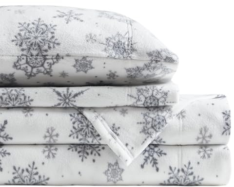 True North by Sleep Philosophy Soft & Cozy Micro Fleece Sheet Set, Fitted Sheets Deep Elastic Pocket Fits Up to 16 Mattress, Warm Winter Bedding, Fleece Bed Set Queen Snowflake Boho 4 Piece