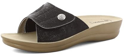 Ciabatte Donna Effetto Pitonato con Inserto Elastico, Chiusura Regolabile a Strappo, Plantare Anatomico, Nero, 40