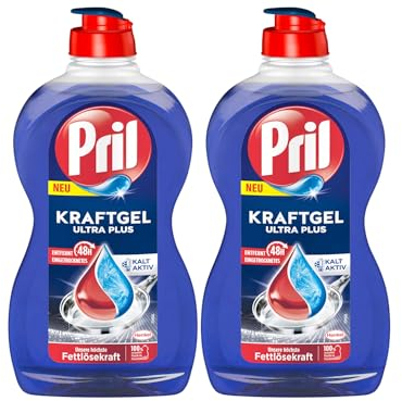 PRIL Kraft Gel Ultra Plus (2x 450 ml), Handgeschirrspülmittel mit höchster Fettlösekraft, für sauberes Geschirr auch in kaltem Wasser, entfernt selbst 48 h Eingetrocknetes