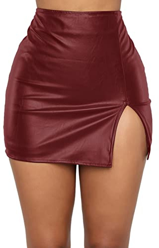 FEOYA Women Classic High Waisted Faux Leather Bodycon Slim Mini Pencil Skirt Burgundy Tag(M)=XS