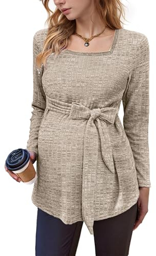 tiorhooe Top premaman in maglia da donna a maniche lunghe per allattamento al seno gravidanza top scollo quadrato tunica vestiti premaman, Khaki 1, S