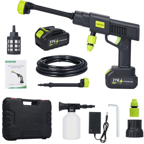 Hancaner Hidrolimpiadora de Alta Presión sin Cable, 500 PSI Lavadora a Presión Inalámbrica,Hidrolimpiadora Bateria,10 Niveles de Presión Ajustables,Boquilla 6 en 1,con 2 Pilas Recargables,Pantalla LED